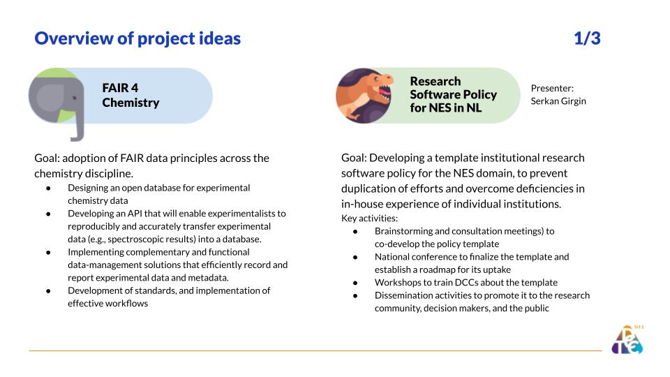 A visual with text, showing description of 2 project ideas. the 1st title reads FAIR 4 Chemistry, the 2nd reads Research Software Policy for NES in NL