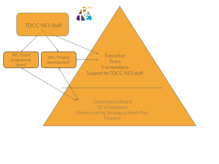 Image showing structure and interaction lines between the TDCC-NES Governing Board and its sub-groups, with the TDCC-NES staff