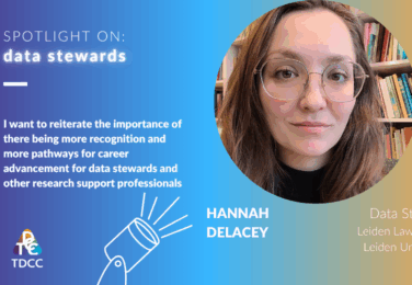 The decorative banner image, featuring a quote from the interview and a photo of Hannah de Lacey, as well as info about her role (data steward at the Leiden Law School)