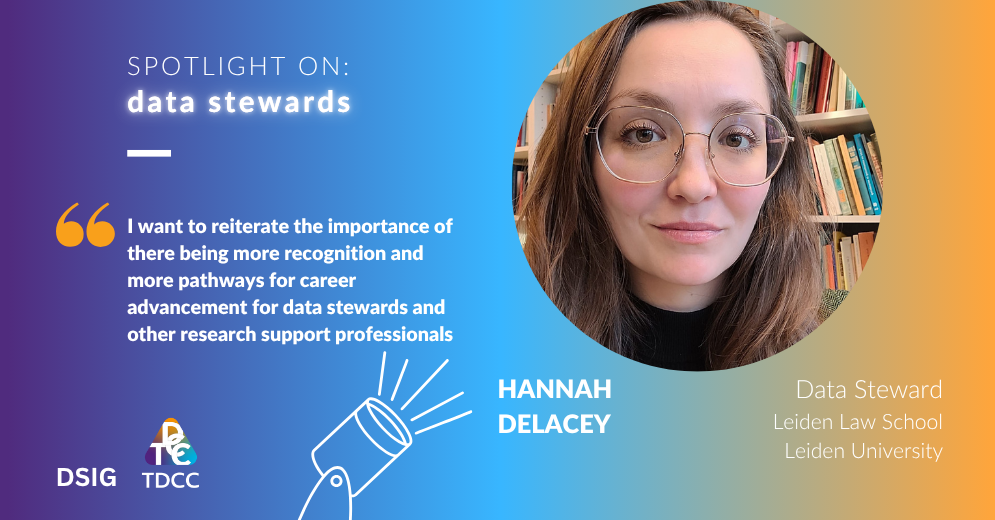 The decorative banner image, featuring a quote from the interview and a photo of Hannah de Lacey, as well as info about her role (data steward at the Leiden Law School)
